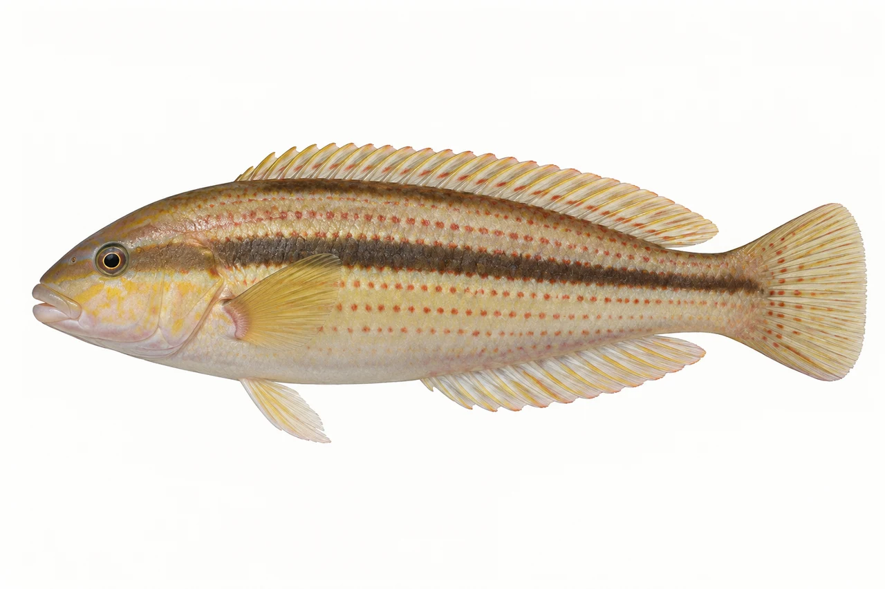 キュウセン(雌)をモデルにしたAI生成イラスト。釣果写真・食用同定の手本ではありません