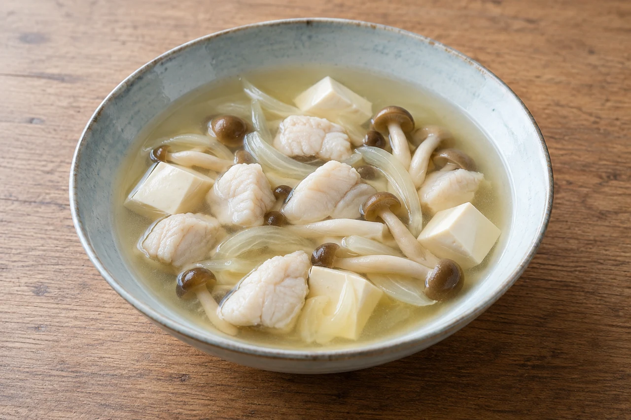 キュウセンのきのこ豆腐汁の完成イメージ・AI生成