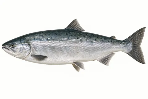 サケ(シロザケ・無塩の秋鮭)をモデルにしたAI生成イラスト。釣果・食用判定の根拠ではありません