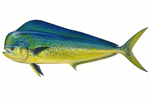 シイラ(マヒマヒ)をモデルにしたAI生成イラスト。釣果・食用判定の根拠ではありません