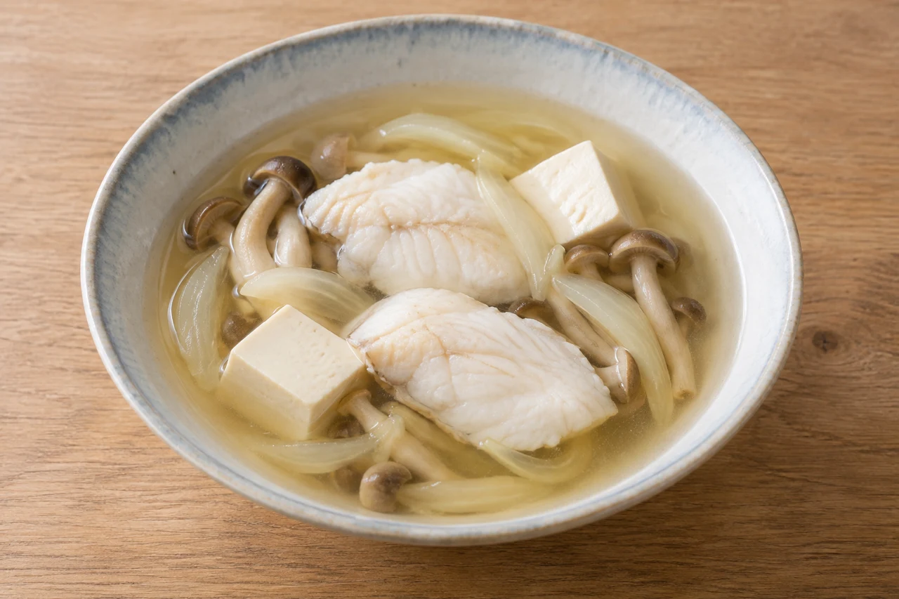 ヒラメと豆腐の温かい汁の完成イメージ・AI生成