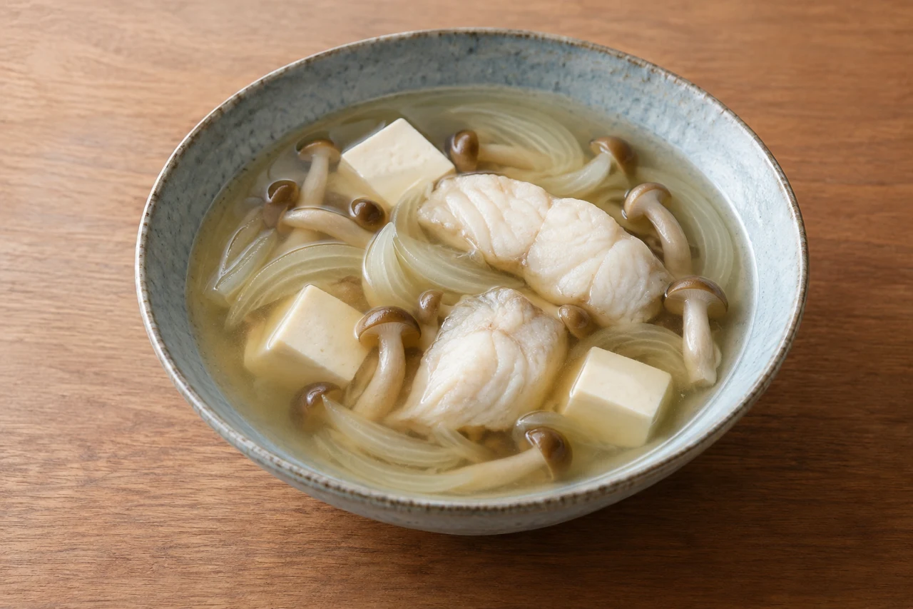 マゴチと豆腐の温かい汁の完成イメージ・AI生成