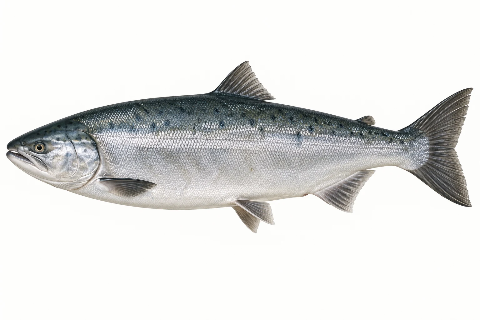 サケ（シロザケ・無塩の秋鮭）をモデルにしたAI生成イラスト。釣果・食用判定の根拠ではありません