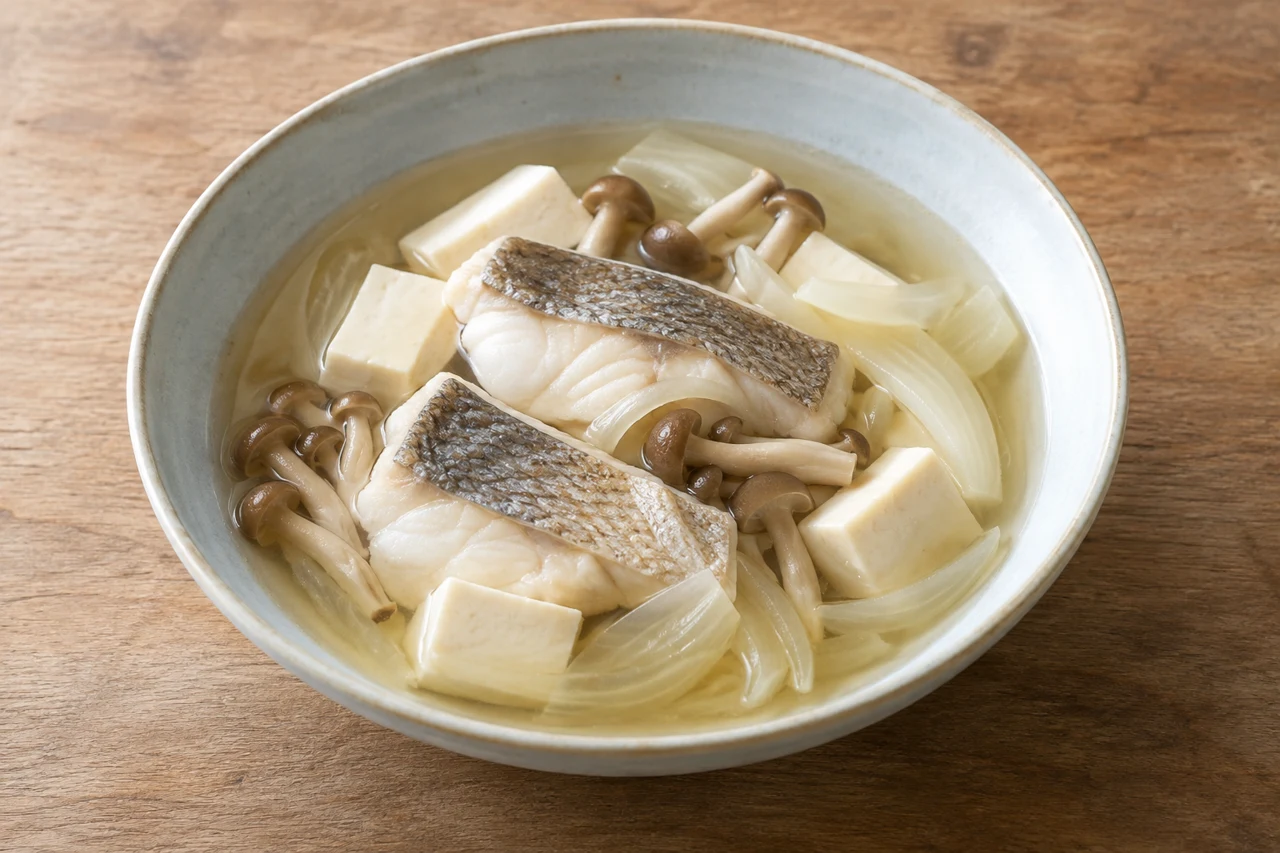 スズキと豆腐の温かい汁の完成イメージ・AI生成