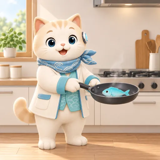 フライパンで魚を焼くナミネコ先生のアニメーション