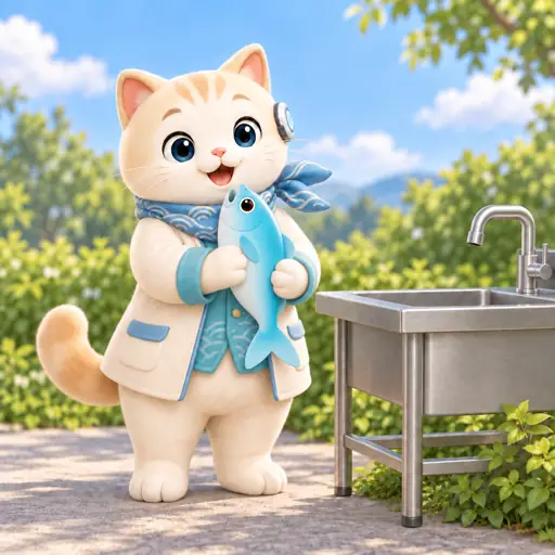 釣った魚を洗うナミネコ先生のアニメーション